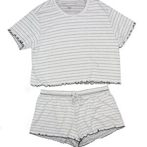 JENNI 2-Piece Striped Ribbed Lettuce Edge T-Shirt Shorts Pajama Set sz XS